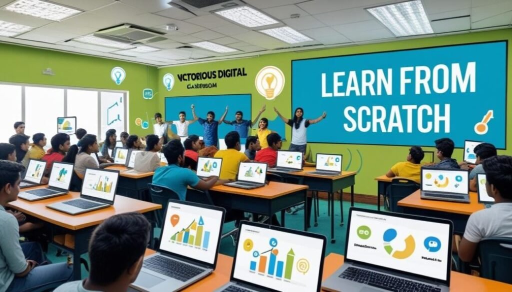 learning digital marketing from scratch in a classroom with laptops and visual presentations.