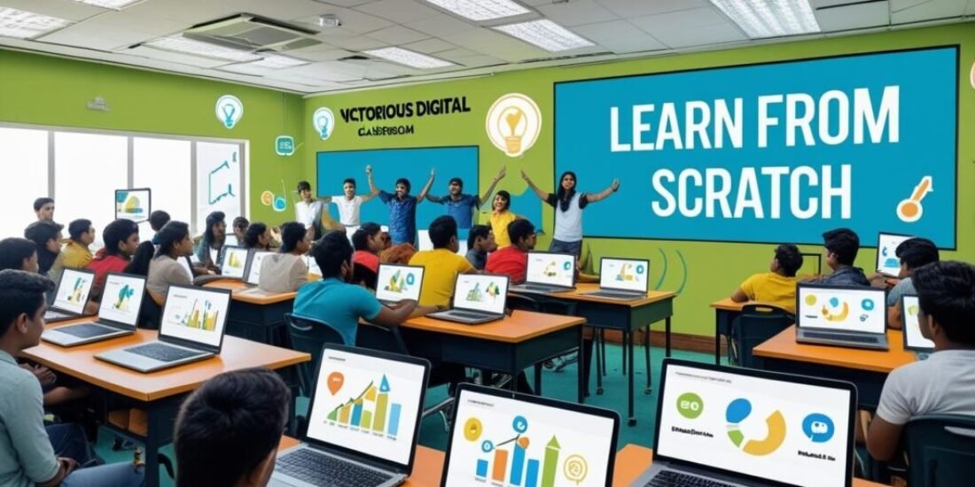 learning digital marketing from scratch in a classroom with laptops and visual presentations.
