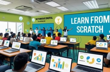 learning digital marketing from scratch in a classroom with laptops and visual presentations.