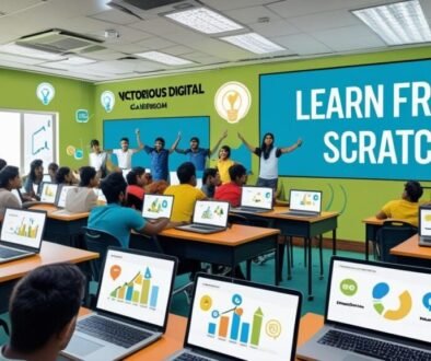 learning digital marketing from scratch in a classroom with laptops and visual presentations.