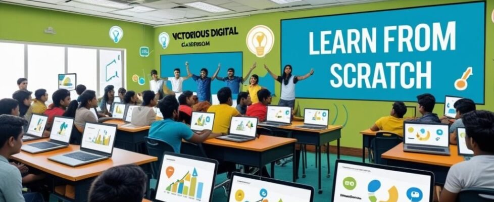 learning digital marketing from scratch in a classroom with laptops and visual presentations.